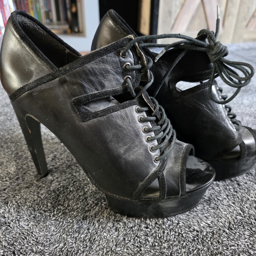 Elegant Black Lace-Up Peep Toe Heels